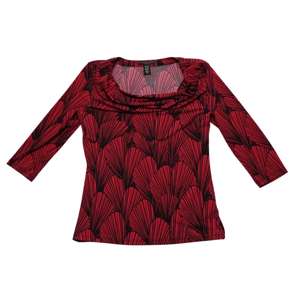 Apostrophe Blouse Women Medium‎ Red Black Cowl Neck 3/4 Sleeve Abstract Floral